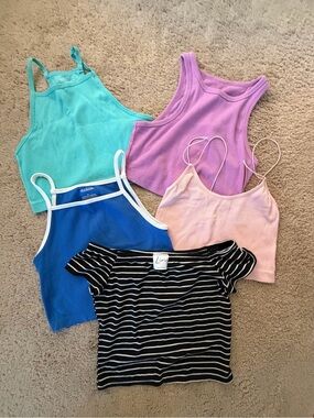 Assorted Crop Tank Tops - Aqua, Lavender, Blue, Pink, Black Stripe